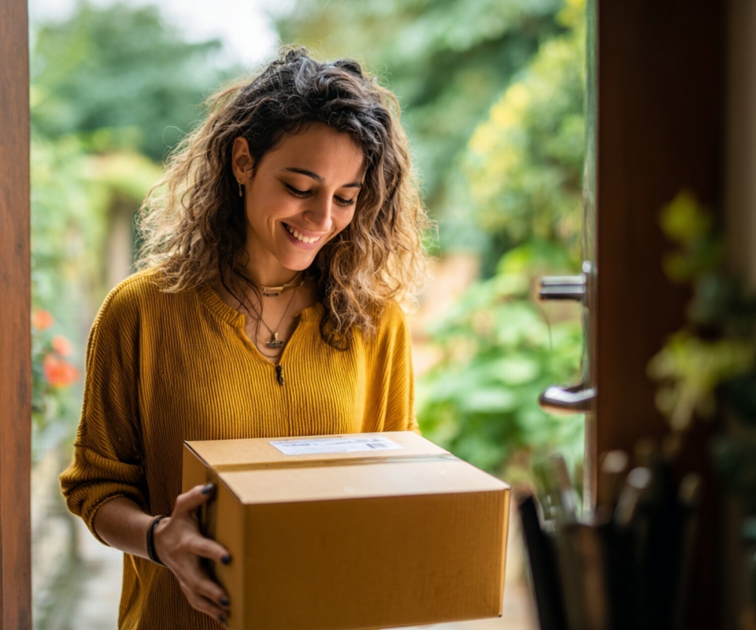 Uma moça recebe uma encomenda enviada via Manda Bem